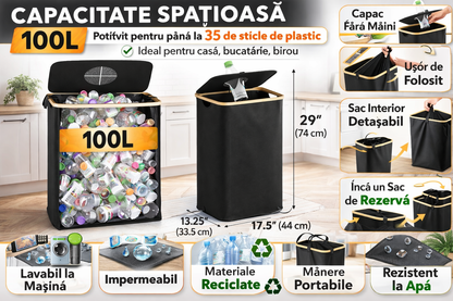 Cos multifunctional 100L pentru reciclare sticle PET si depozitare rufe, cadru elegant din bambus, sac textil detasabil, ideal pentru baie, bucatarie sau balcon