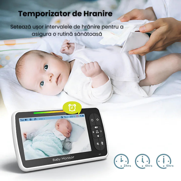 Baby Monitor Video 5" cu Cameră Rotativă 355°, Vedere Nocturnă