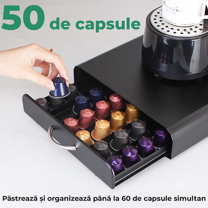 Suport Organizator 50 Capsule Cafea, cu Sertar, Metal, Negru