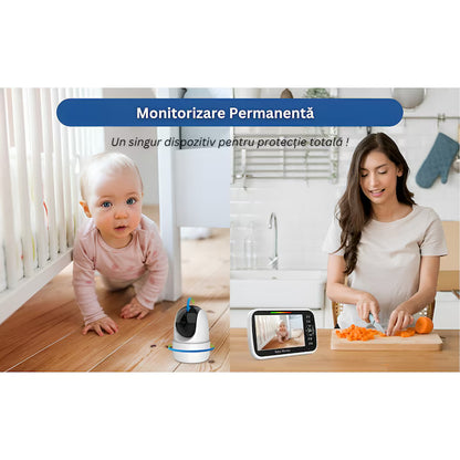 Baby Monitor Video 5" cu Cameră Rotativă 355°, Vedere Nocturnă