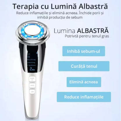 Aparat Facial 5 in 1 cu EMS, RF si LED Multicolor, Masaj Vibratii, Reincarcabil USB, pentru Fata si Gat, Viacare