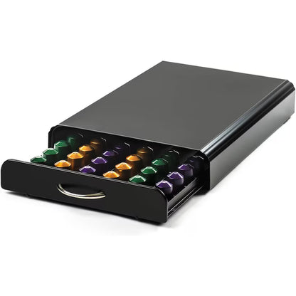 Suport Organizator 50 Capsule Cafea, cu Sertar, Metal, Negru