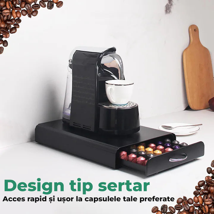 Suport Organizator 50 Capsule Cafea, cu Sertar, Metal, Negru