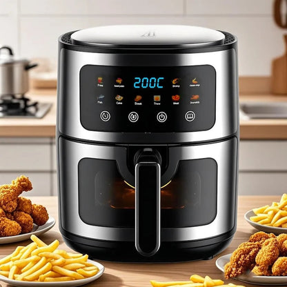Friteuza cu Aer Cald 8L, 10 Programe Smart, 1400W, Panou Tactil, Circulație 3D Aer Fierbinte, Teflon Non-Stick + 50 Bucăți Hârtie de Copt
