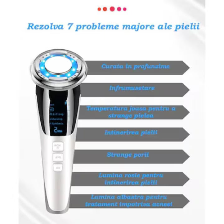 Aparat Facial 5 in 1 cu EMS, RF si LED Multicolor, Masaj Vibratii, Reincarcabil USB, pentru Fata si Gat, Viacare