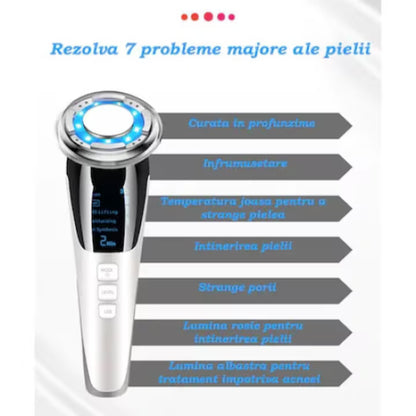 Aparat Facial 5 in 1 cu EMS, RF si LED Multicolor, Masaj Vibratii, Reincarcabil USB, pentru Fata si Gat, Viacare