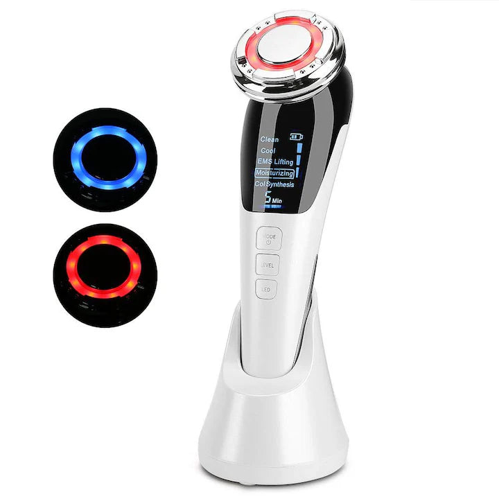 Aparat Facial 5 in 1 cu EMS, RF si LED Multicolor, Masaj Vibratii, Reincarcabil USB, pentru Fata si Gat, Viacare