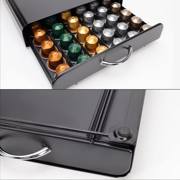 Suport Organizator 50 Capsule Cafea, cu Sertar, Metal, Negru