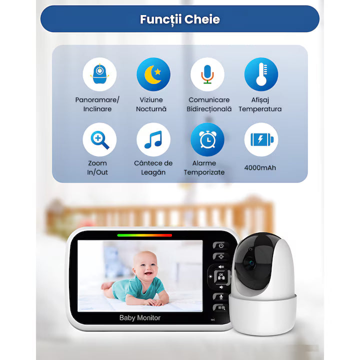 Baby Monitor Video 5" cu Cameră Rotativă 355°, Vedere Nocturnă
