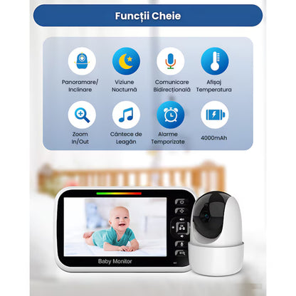 Baby Monitor Video 5" cu Cameră Rotativă 355°, Vedere Nocturnă