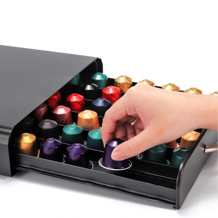 Suport Organizator 50 Capsule Cafea, cu Sertar, Metal, Negru