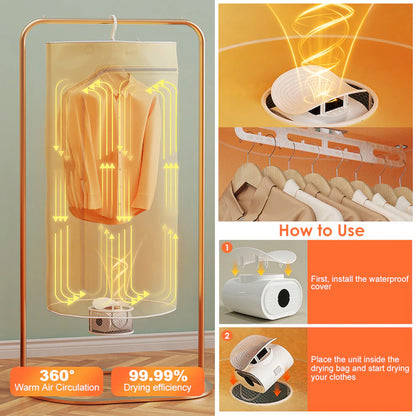 Uscător de Haine Portabil 3 în 1 – 600W, Aer Cald 360°, Temporizator 480 min, Telecomandă