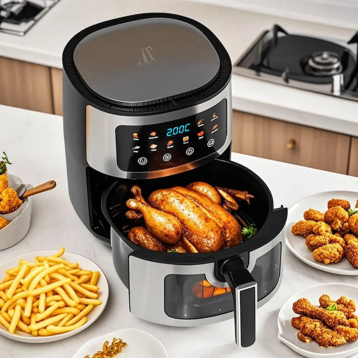 Friteuza cu Aer Cald AT PERFORMANCE® 8L, 10 Programe Smart, 1400W, Panou Tactil, Circulatie 3D Aer Fierbinte, Teflon Non-Stick + 50 Bucati Hartie de Copt