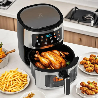 Friteuza cu Aer Cald 8L, 10 Programe Smart, 1400W, Panou Tactil, Circulație 3D Aer Fierbinte, Teflon Non-Stick + 50 Bucăți Hârtie de Copt