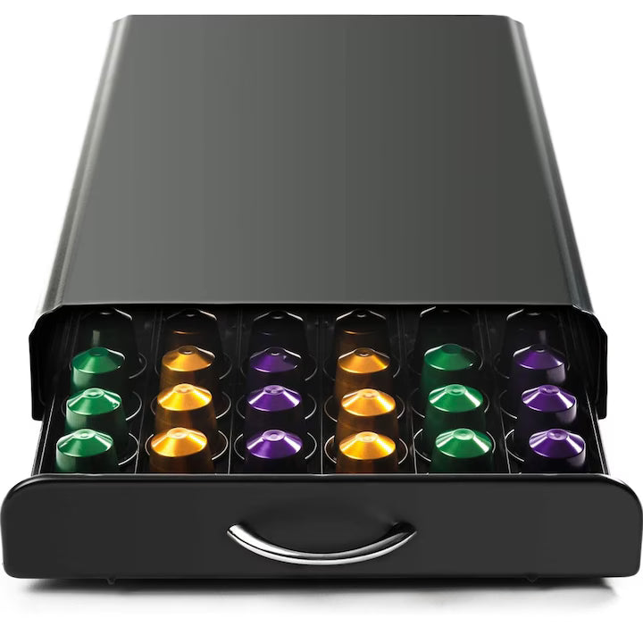 Suport Organizator 50 Capsule Cafea, cu Sertar, Metal, Negru