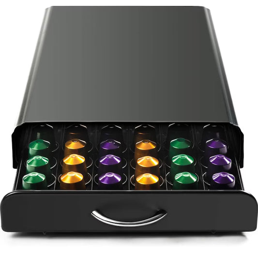 Suport Organizator 50 Capsule Cafea, cu Sertar, Metal, Negru