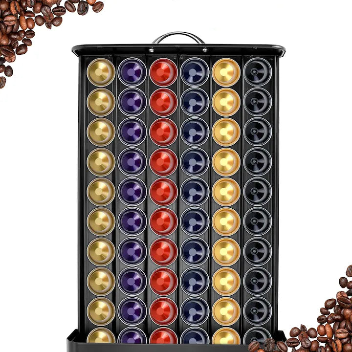 Suport Organizator 50 Capsule Cafea, cu Sertar, Metal, Negru