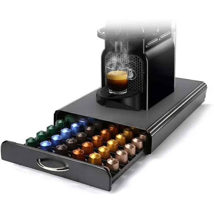 Suport Organizator 50 Capsule Cafea, cu Sertar, Metal, Negru
