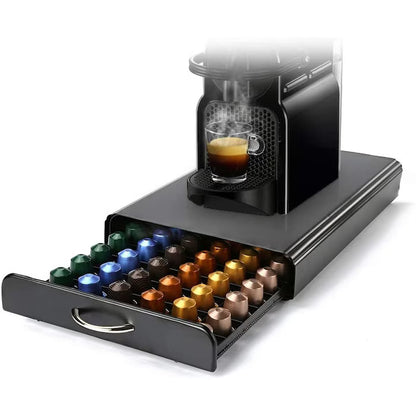 Suport Organizator 50 Capsule Cafea, cu Sertar, Metal, Negru