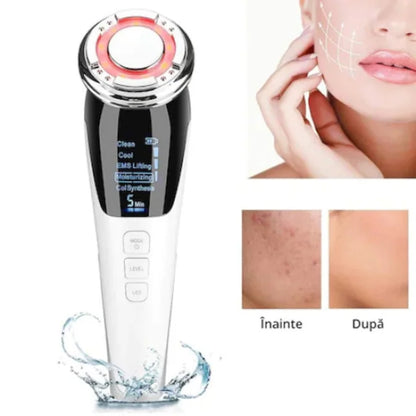 Aparat Facial 5 in 1 cu EMS, RF si LED Multicolor, Masaj Vibratii, Reincarcabil USB, pentru Fata si Gat, Viacare
