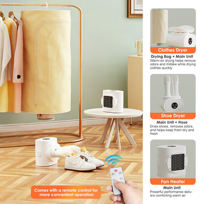 Uscător de Haine Portabil 3 în 1 – 600W, Aer Cald 360°, Temporizator 480 min, Telecomandă