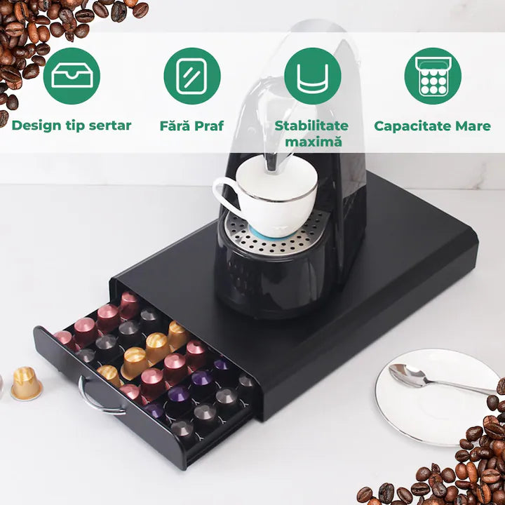 Suport Organizator 50 Capsule Cafea, cu Sertar, Metal, Negru