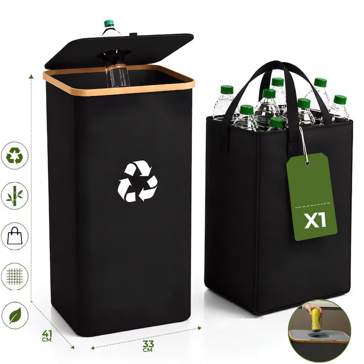 Coș Multifuncțional 100L cu Cadru din Bambus și Sac Textil Detașabil, pentru Reciclare PET și Rufe