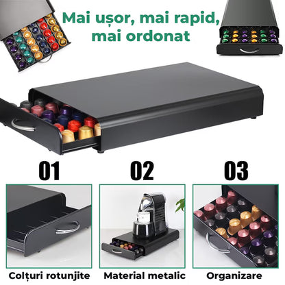 Suport Organizator 50 Capsule Cafea, cu Sertar, Metal, Negru