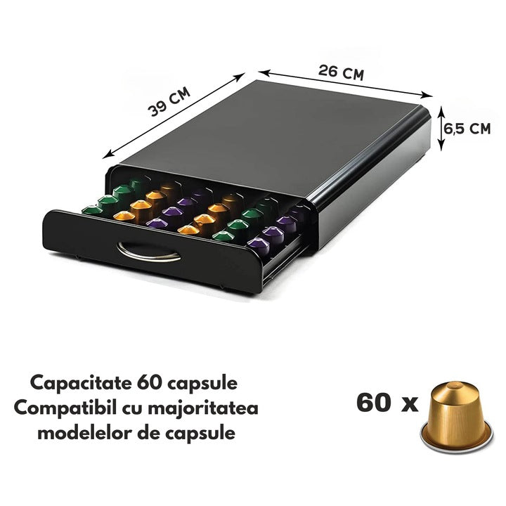 Suport Organizator 50 Capsule Cafea, cu Sertar, Metal, Negru
