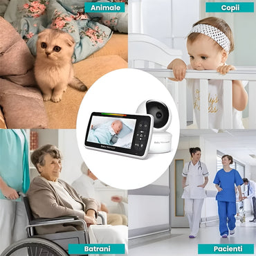 Baby Monitor Video 5" cu Cameră Rotativă 355°, Vedere Nocturnă