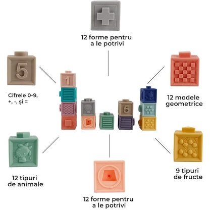 Set 12 Blocuri senzoriale moi pentru copii, 5 x 5 x 5 cm, Multicolor