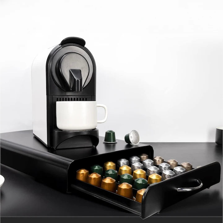 Suport Organizator 50 Capsule Cafea, cu Sertar, Metal, Negru
