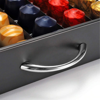 Suport Organizator 50 Capsule Cafea, cu Sertar, Metal, Negru