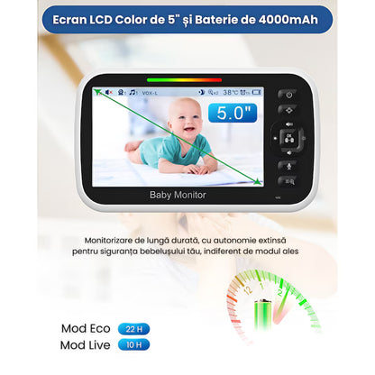 Baby Monitor Video 5" cu Cameră Rotativă 355°, Vedere Nocturnă