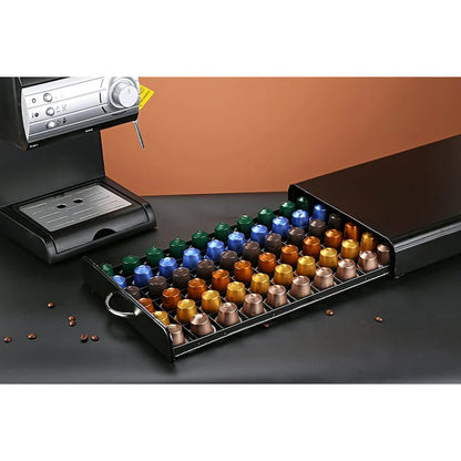 Suport Organizator 50 Capsule Cafea, cu Sertar, Metal, Negru