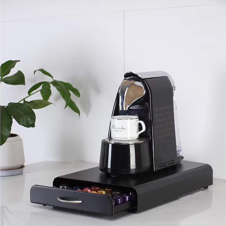 Suport Organizator 50 Capsule Cafea, cu Sertar, Metal, Negru
