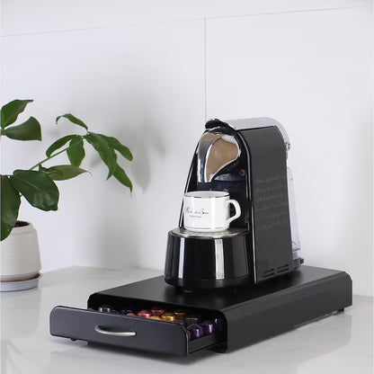 Suport Organizator 50 Capsule Cafea, cu Sertar, Metal, Negru