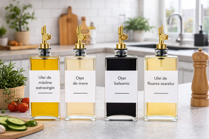 Set 4 Sticle Pătrate pentru Ulei, Oțet & Condimente Lichide – 350 ml, Dozator Anti-Picurare, Etichete Incluse
