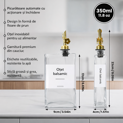 Set 4 Sticle Pătrate pentru Ulei, Oțet & Condimente Lichide – 350 ml, Dozator Anti-Picurare, Etichete Incluse