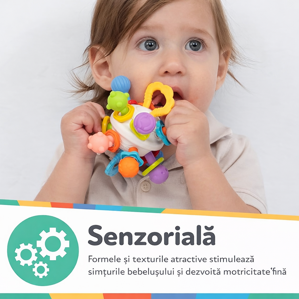 Jucărie Senzorială Montessori pentru Bebeluși – Dispozitiv pentru Dentiție din Silicon Multitextură cu Zornăitoare