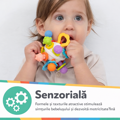 Jucărie Senzorială Montessori pentru Bebeluși – Dispozitiv pentru Dentiție din Silicon Multitextură cu Zornăitoare