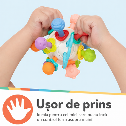 Jucărie Senzorială Montessori pentru Bebeluși – Dispozitiv pentru Dentiție din Silicon Multitextură cu Zornăitoare