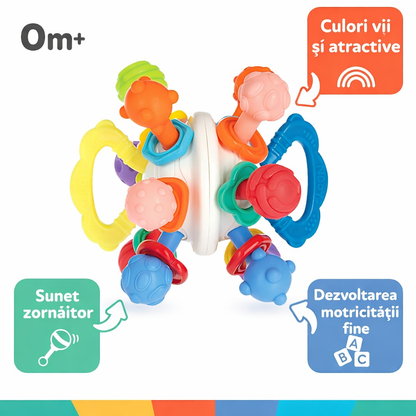 Jucărie Senzorială Montessori pentru Bebeluși – Dispozitiv pentru Dentiție din Silicon Multitextură cu Zornăitoare