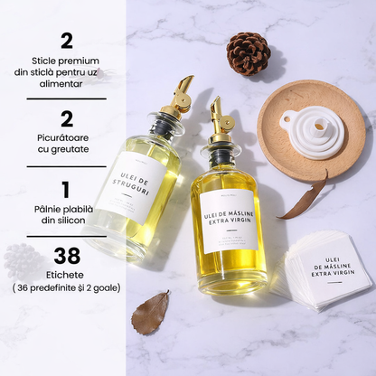 Set 4 Sticle Rotunde pentru Ulei, Oțet & Condimente Lichide – 350 ml, Dozator Anti-Picurare, Etichete Incluse