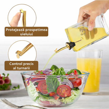 Set 4 Sticle Pătrate pentru Ulei, Oțet & Condimente Lichide – 350 ml, Dozator Anti-Picurare, Etichete Incluse